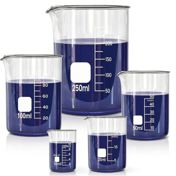 Glass Beakers Set, 5 Sizes - 10ml, 25ml, 50ml, 100ml, 250ml, 3.3 Borosilicate Beaker for Laboratories, Classrooms or Home, Griffin Low Form Lab Beakers-1